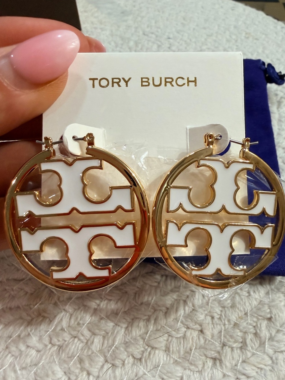 Tory Burch Miller Logo Hoop Earrings with White Enamel- NWT